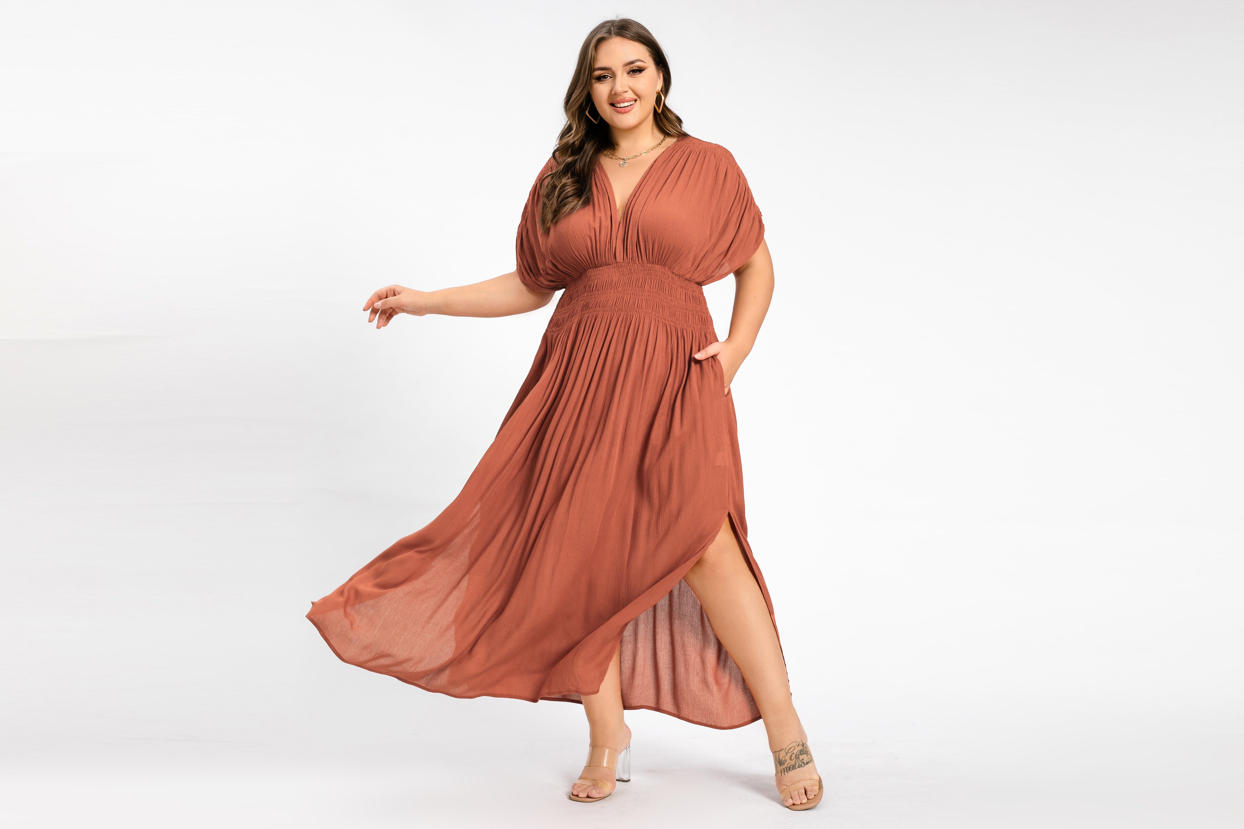 Flawless Flattery - The V-Neck Batwing Sleeve Ruched Waist Dress