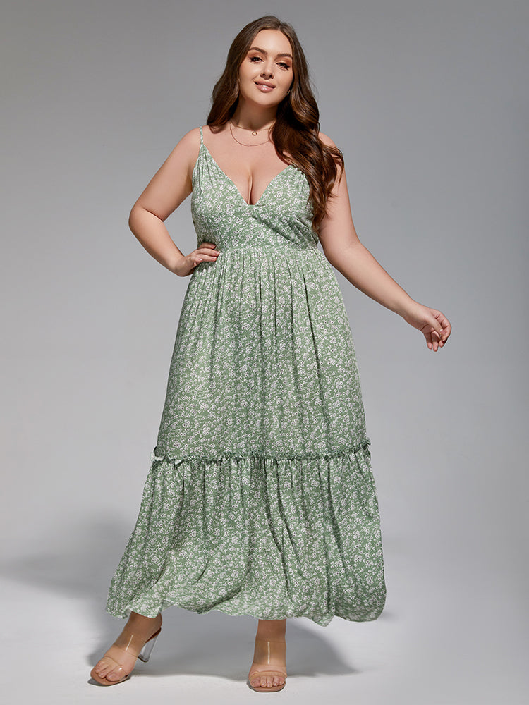 Plus Size Floral Frill Trim Dress | Spaghetti Strap | Curvesoul, Green / 2XL Plus Size Floral Frill Trim Dress | Spaghetti Strap | Curvesoul, Green / 2XL