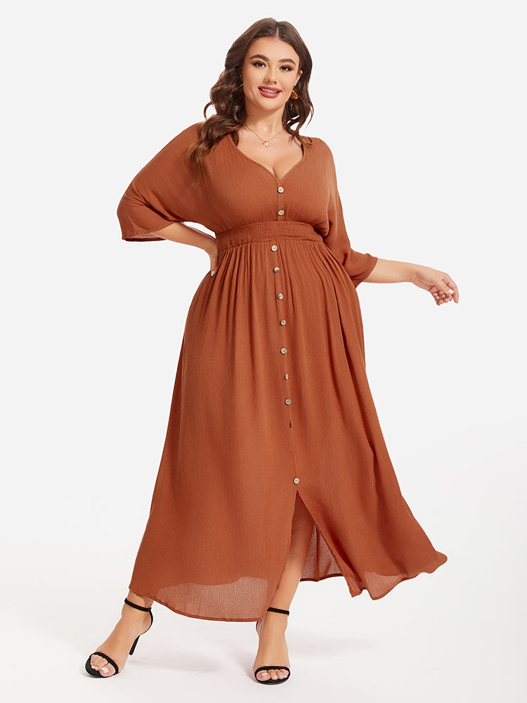 Curvesoul Plus Size Elastic Waist Split Maxi Dress |Orange, Orange / 4XL