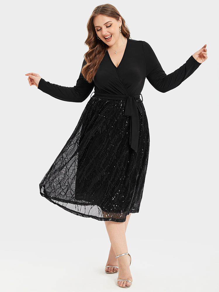Black Plus Size V Neck Sequin Velvet Party Dress