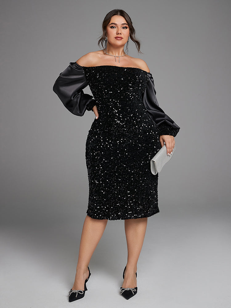 Curvesoul Plus Size Lantern Sleeve Split Sequin Dress