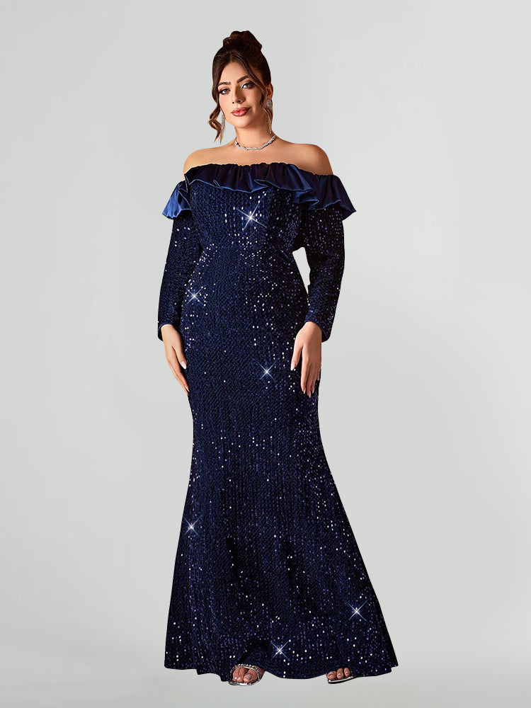 Off-Shoulder Sequin Pleated Mermaid Dress, Dark_Blue / 0xl