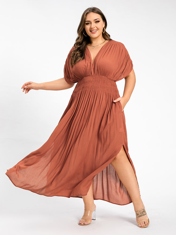 Plus Size Ruched Waist Dress | V-Neck Batwing Sleeve | Curvesoul, Orange_Red / 1XL Plus Size Ruched Waist Dress | V-Neck Batwing Sleeve | Curvesoul, Orange_Red / 1XL