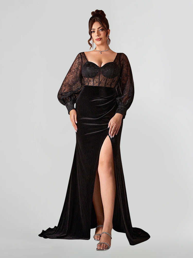 Square Neck Split Velvet Dress