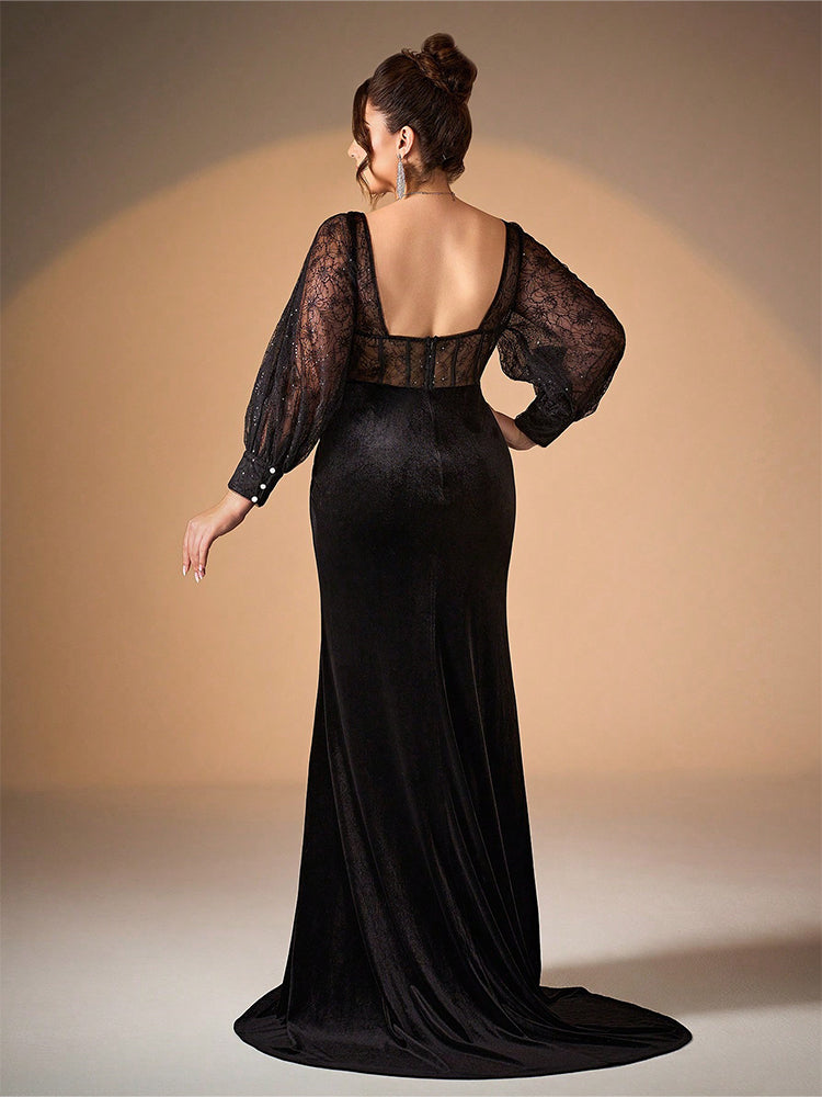 Square Neck Split Velvet Dress