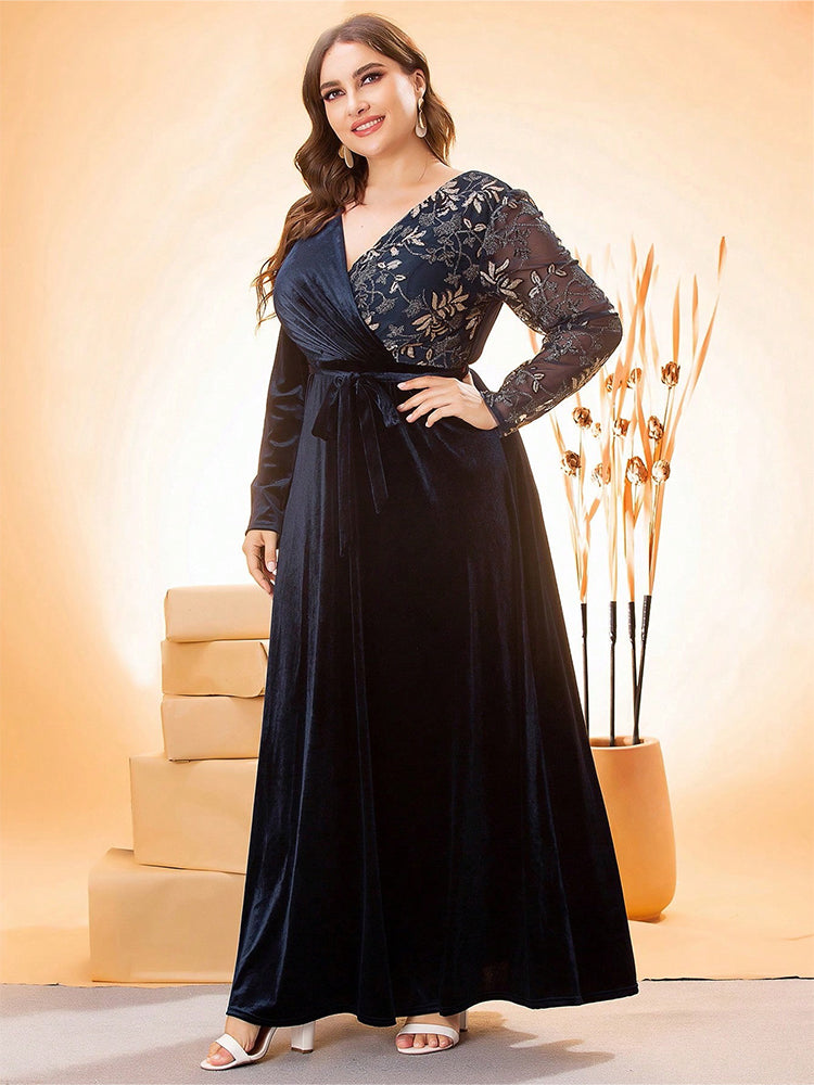 V-Neck Patchwork Belted Velvet Dress