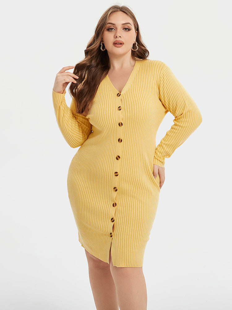 mustard color sweater dress Plus Size V-Neck Button Bodycon Knit Dress | Daily Party