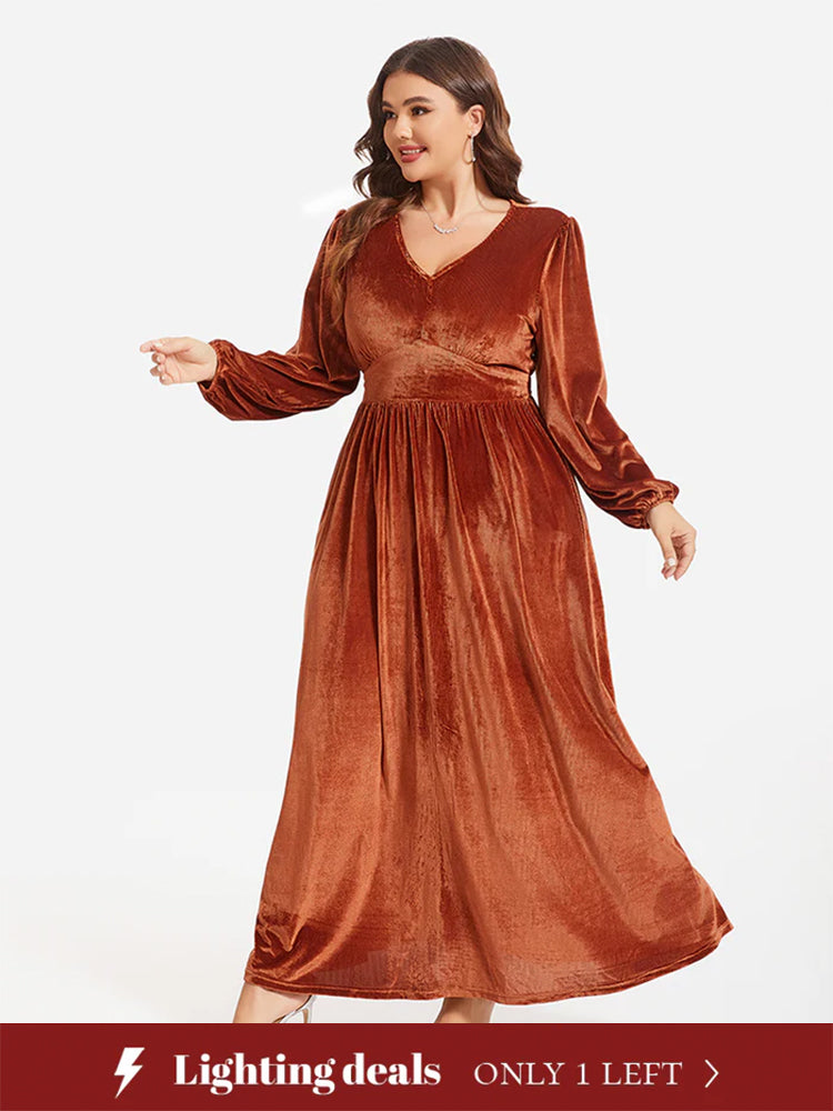 orange velvet dress long sleeve Curvesoul Plus Size Lantern Sleeve Ruched Velvet Maxi Dress
