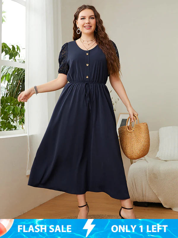 CurvesoulPlus Lace Patchwork Round Neck Button Front Elastic Waist Wrap Maxi Dress, Dark_Blue / 4XL