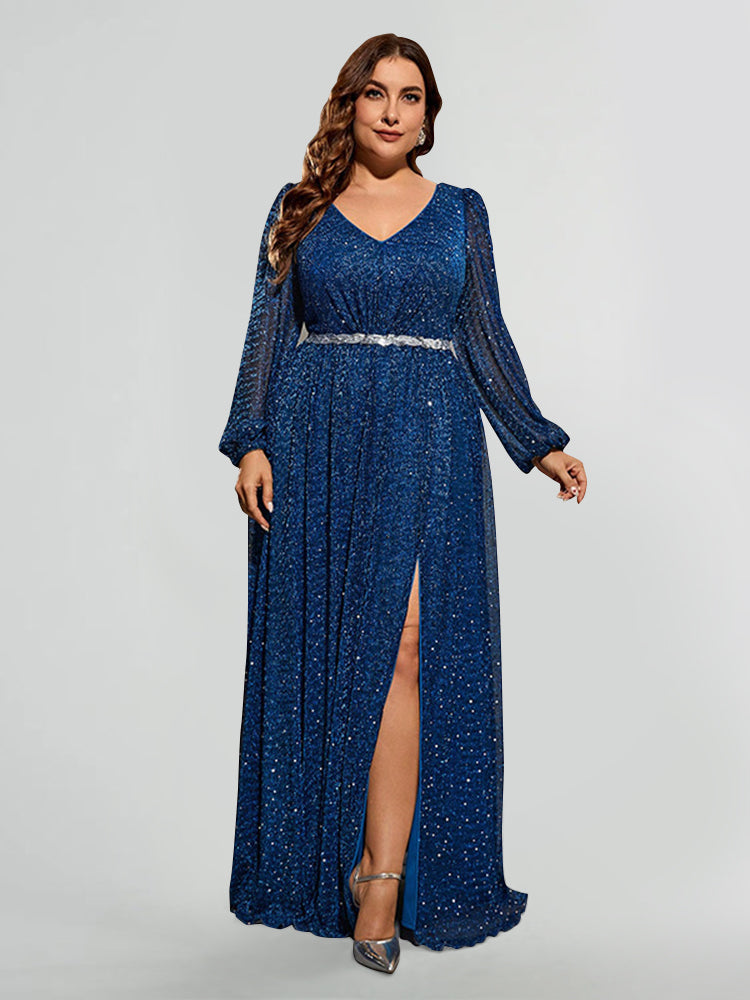 long sleeve sequin dress with split V-Neck Ruched Split Sequin Dress, Blue / 4XL