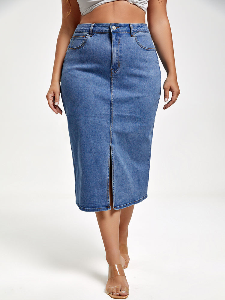 Plus Size Blue Slit Denim Skirt | Daily Workwear | Curvesoul