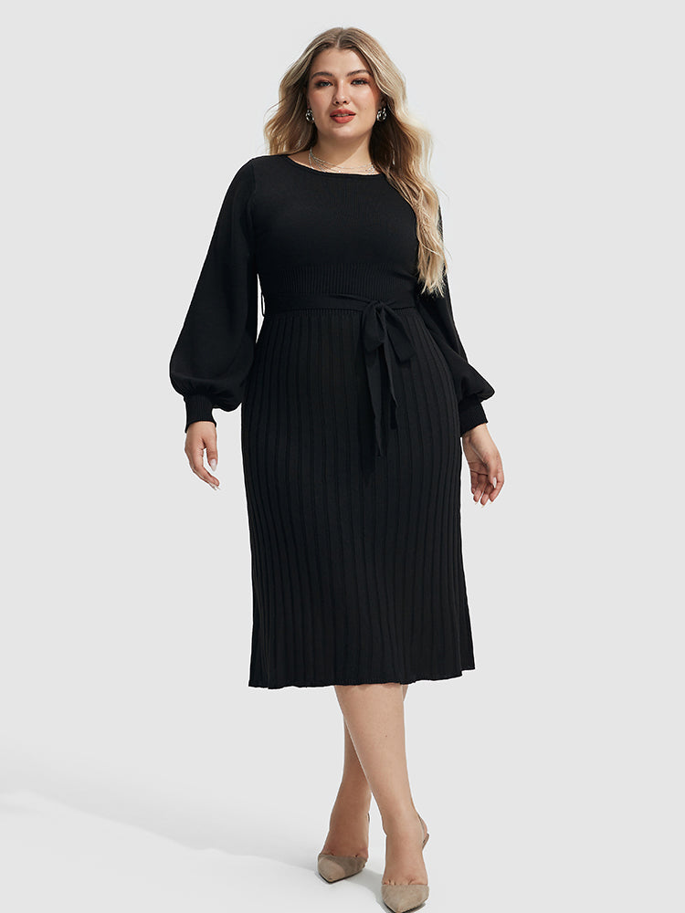 Plus Size Black Knit Midi Dress | Lantern Sleeves, Daily