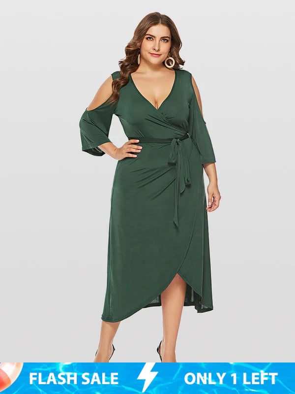 Plus Size Green V-Neck Dress | Cold Shoulder, Daily
