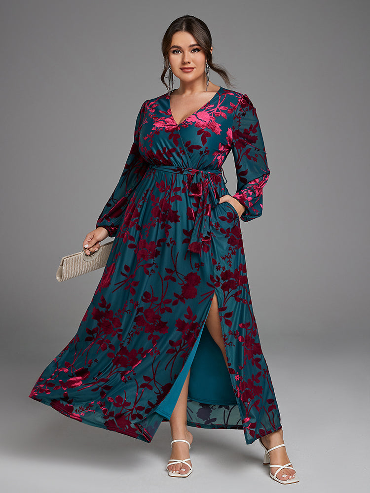 VIP Floral Print Wrap Belted Velvet Dress with Pockets, Peacock Blue / 1XL