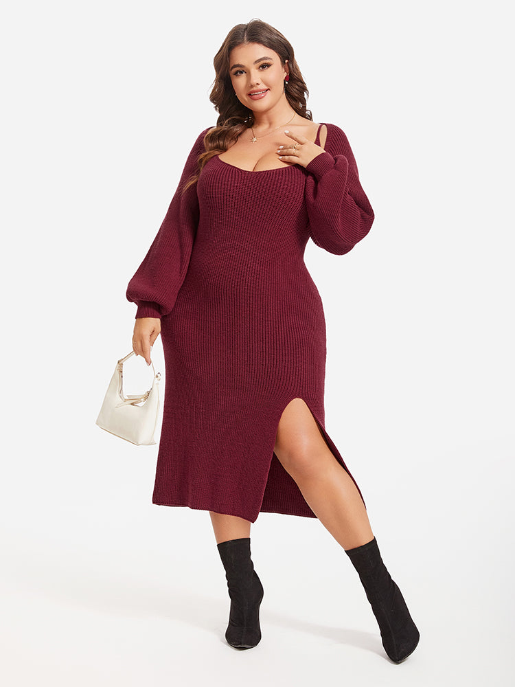 Solid Cami Split Sweater Dress & Super Crop Cardigan Set, Crimson / 2XL Solid Cami Split Sweater Dress & Super Crop Cardigan Set, Crimson / 2XL