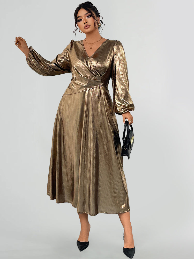 V-Neck Lantern Sleeve Midi Dress, Gold / 1XL V-Neck Lantern Sleeve Midi Dress, Gold / 1XL