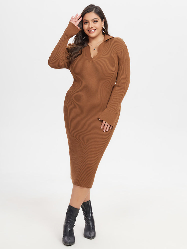 VIP Ribbed Knit Split Midi Sweater Dress, Brown / 5XL VIP Ribbed Knit Split Midi Sweater Dress, Brown / 5XL