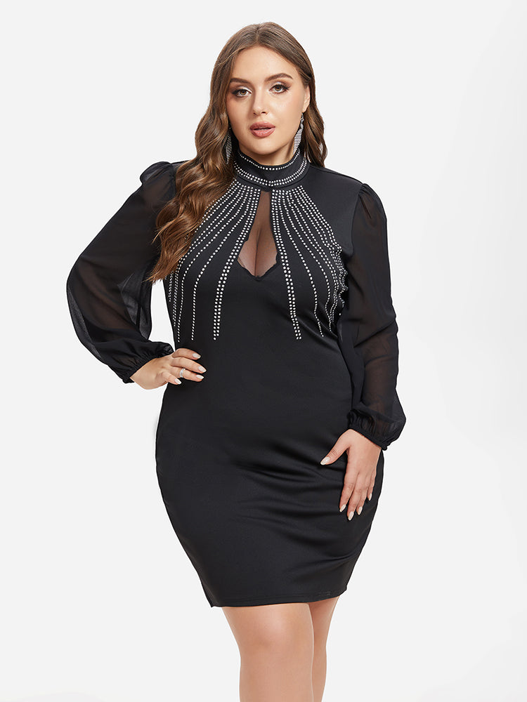 Curvesoul Plus Size Mesh Rhinestone Backless Dress