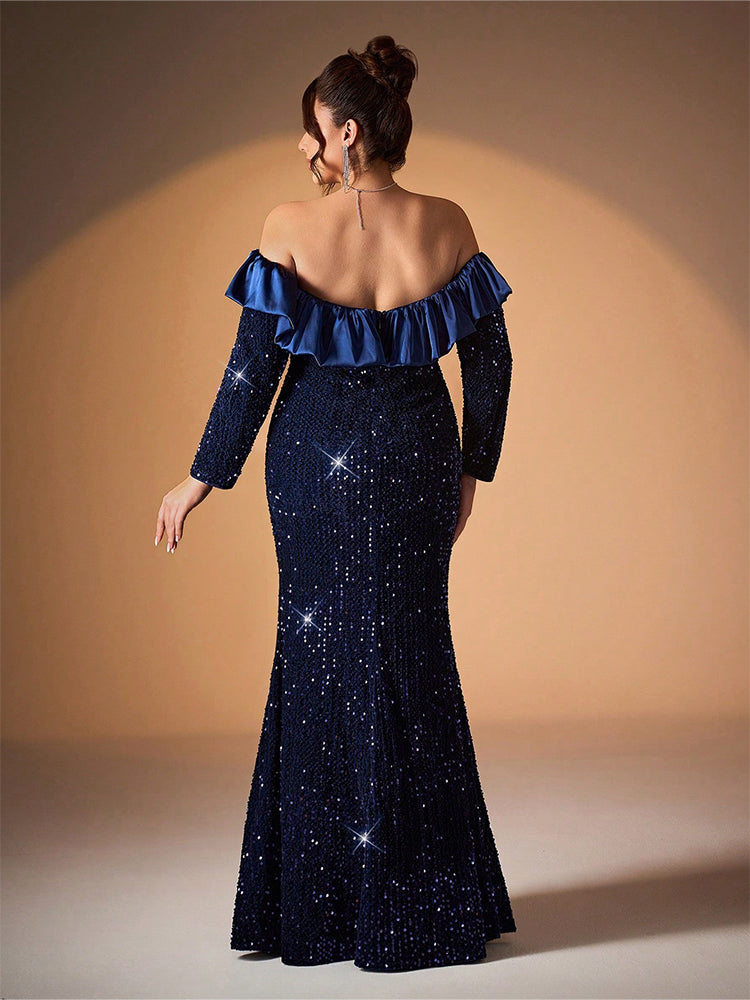 Off-Shoulder Sequin Pleated Mermaid Dress