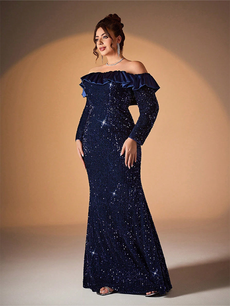 Off-Shoulder Sequin Pleated Mermaid Dress