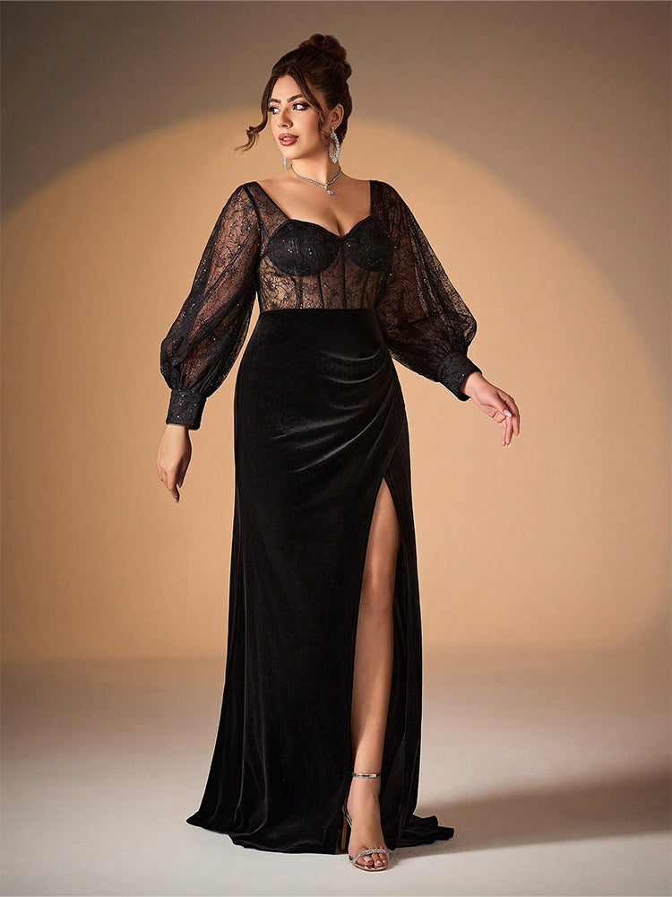 Square Neck Split Velvet Dress