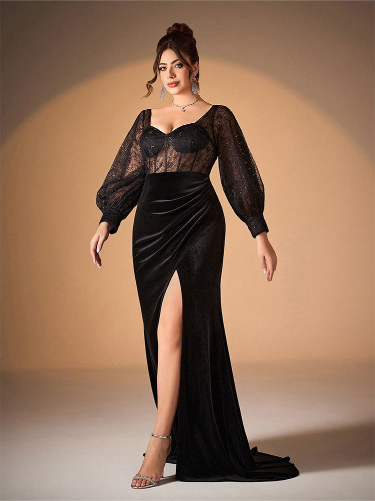 Square Neck Split Velvet Dress