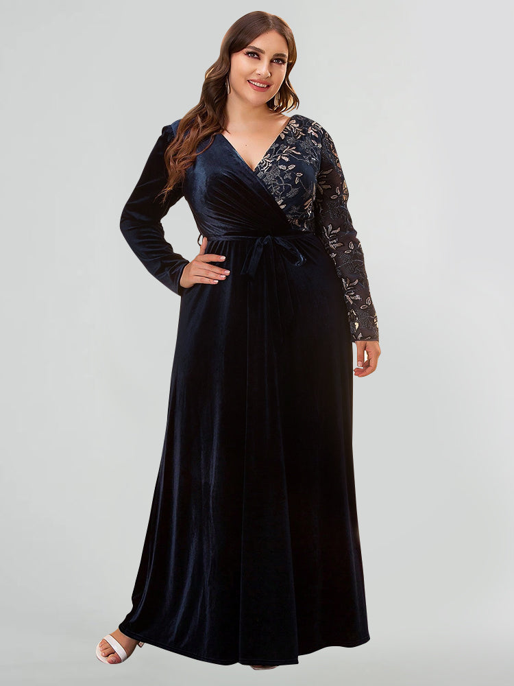 V-Neck Patchwork Belted Velvet Dress