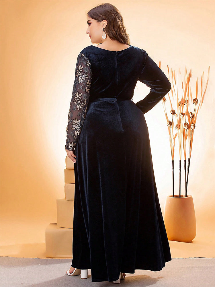 V-Neck Patchwork Belted Velvet Dress