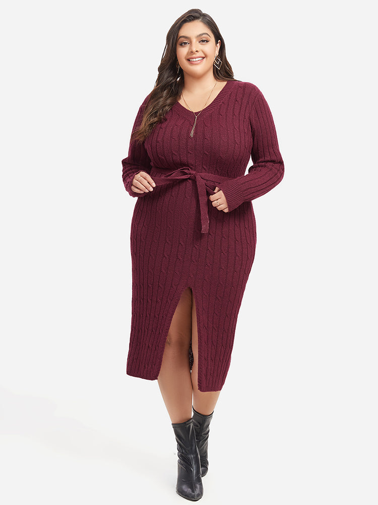 burgundy sweater dress plus size VIP Cable Knit Belted Split Midi Dress, Crimson / 2XL pattern for women 93% Polyester 7% Spandex LACOO Creaser 47.2 in. Color:White Electric Blue