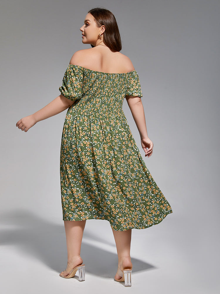 Plus Size Ruched Dress | Green Off-Shoulder, Daily | Curvesoul